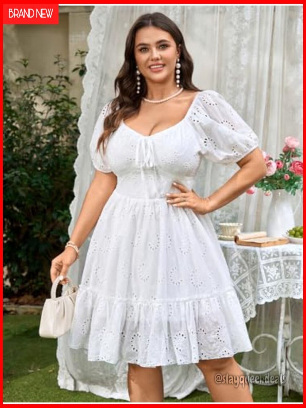 Women's Plus Size Summer Dress Sweetheart Neck Short Sleeve A Line Hollow Out - Picture 4 of 7